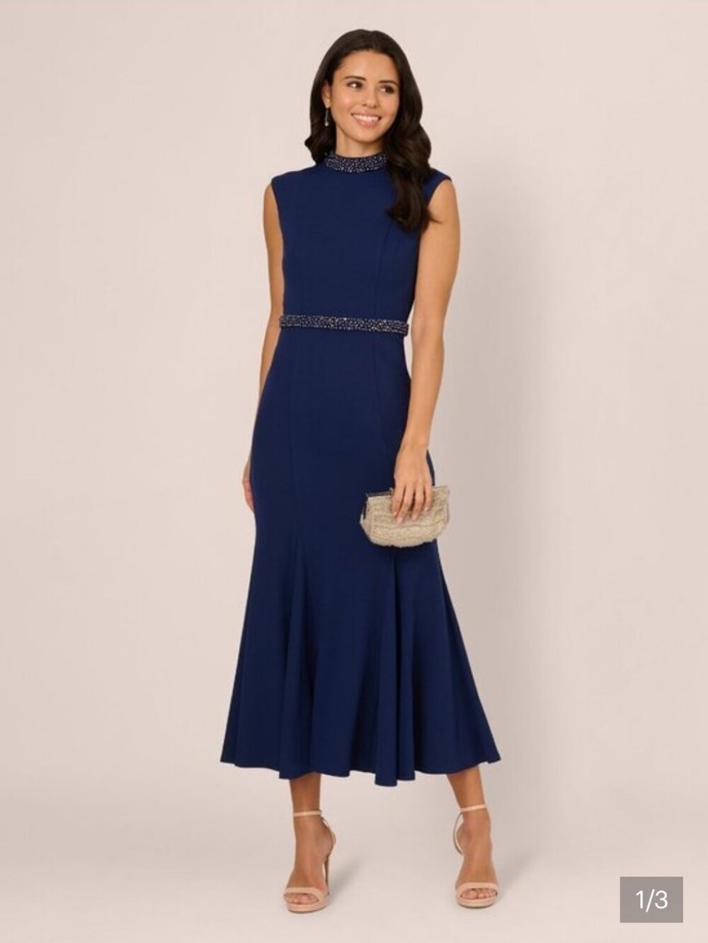Adrianna Papell Pearl Crepe Trim Dress In The Color Navy Sateen